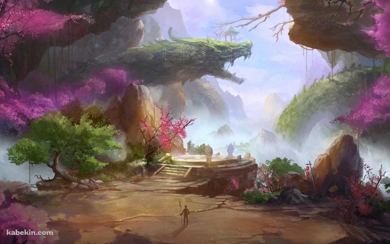 緑のドラゴン / 槍を持つ人 / 桃源郷の壁紙(1280px x 800px) 高画質 PC・デスクトップ用