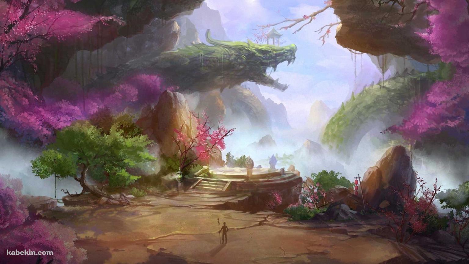 緑のドラゴン / 槍を持つ人 / 桃源郷の壁紙(1536px x 864px) 高画質 PC・デスクトップ用