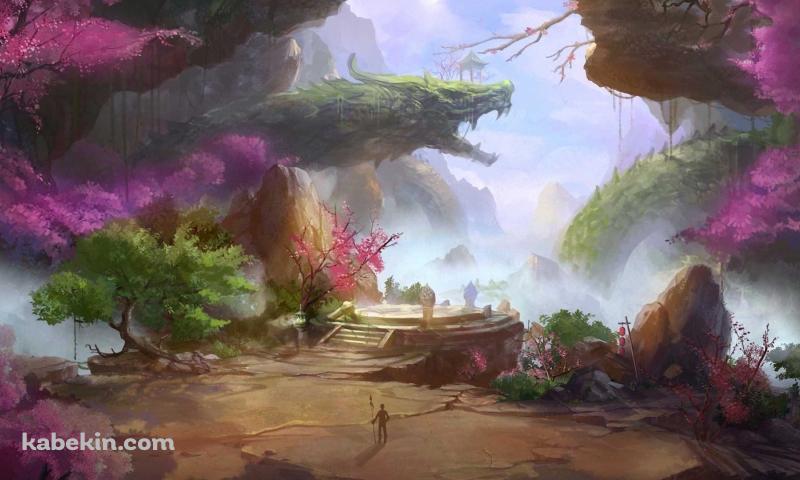 緑のドラゴン / 槍を持つ人 / 桃源郷の壁紙(800px x 480px) 高画質 PC・デスクトップ用