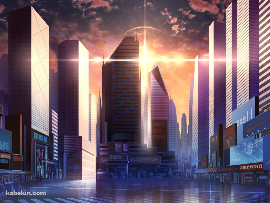 高層ビルと十字に光る太陽 / 朝の都会の壁紙(1024px x 768px) 高画質 PC・デスクトップ用