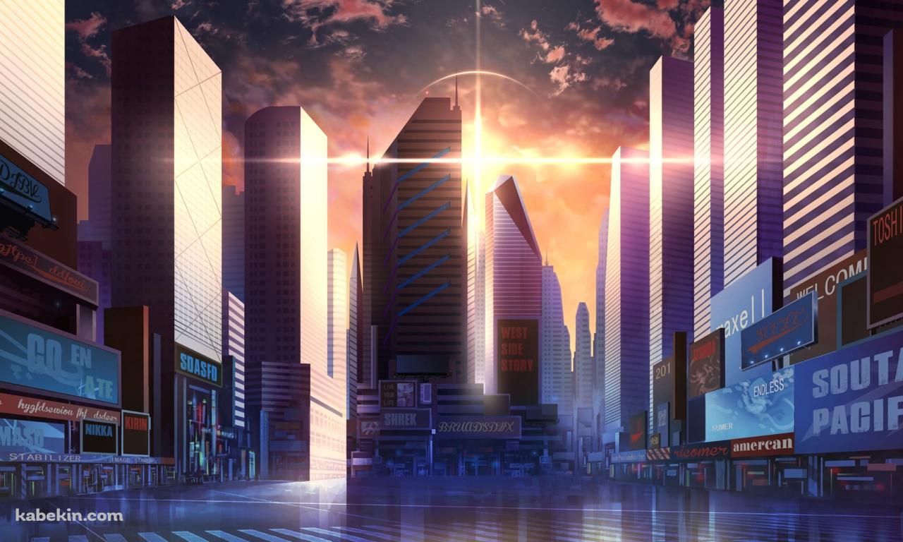 高層ビルと十字に光る太陽 / 朝の都会の壁紙(1280px x 768px) 高画質 PC・デスクトップ用