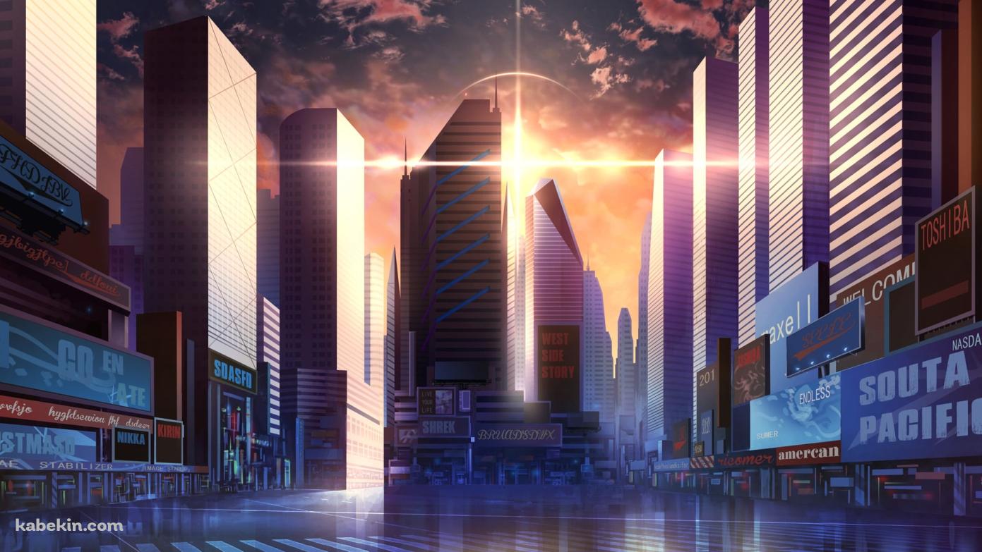 高層ビルと十字に光る太陽 / 朝の都会の壁紙(1391px x 783px) 高画質 PC・デスクトップ用