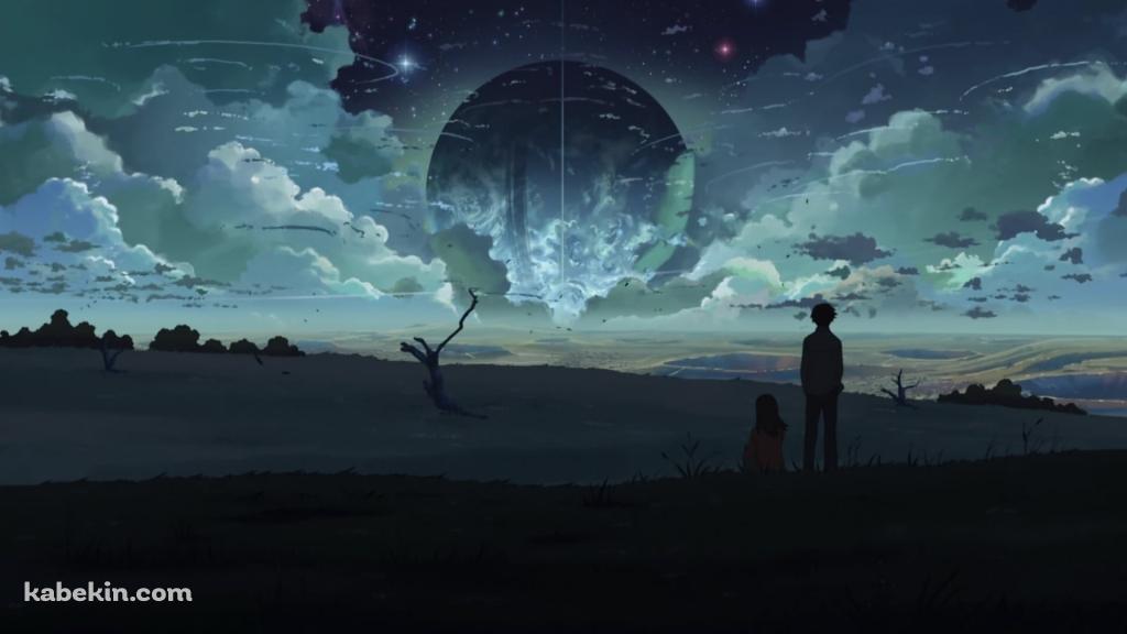 丘から大きな惑星を見つめる遠野 貴樹 / 秒速5センチメートルの壁紙(1024px x 576px) 高画質 PC・デスクトップ用