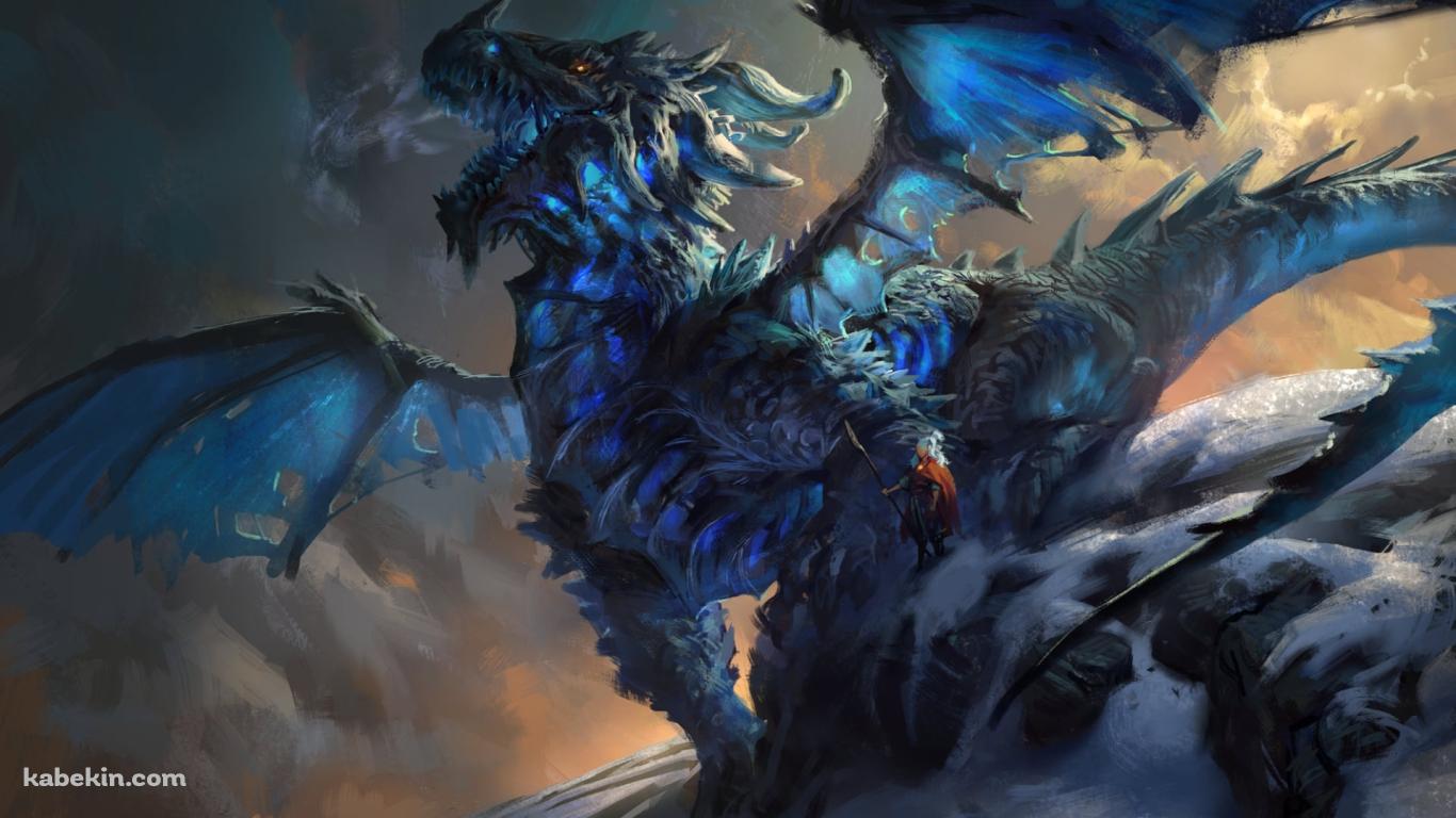 青く光るドラゴンと鋭利な武器を持つ長髪の男の壁紙(1366px x 768px) 高画質 PC・デスクトップ用