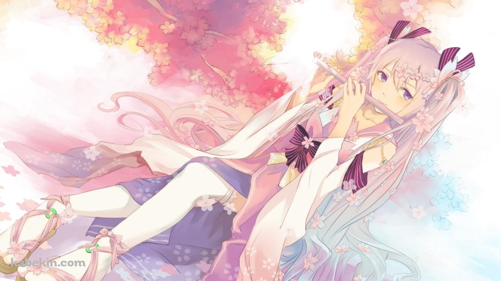 桜の前で腰かけて横笛を吹く桜ミク / ボカロの壁紙(1024px x 576px) 高画質 PC・デスクトップ用