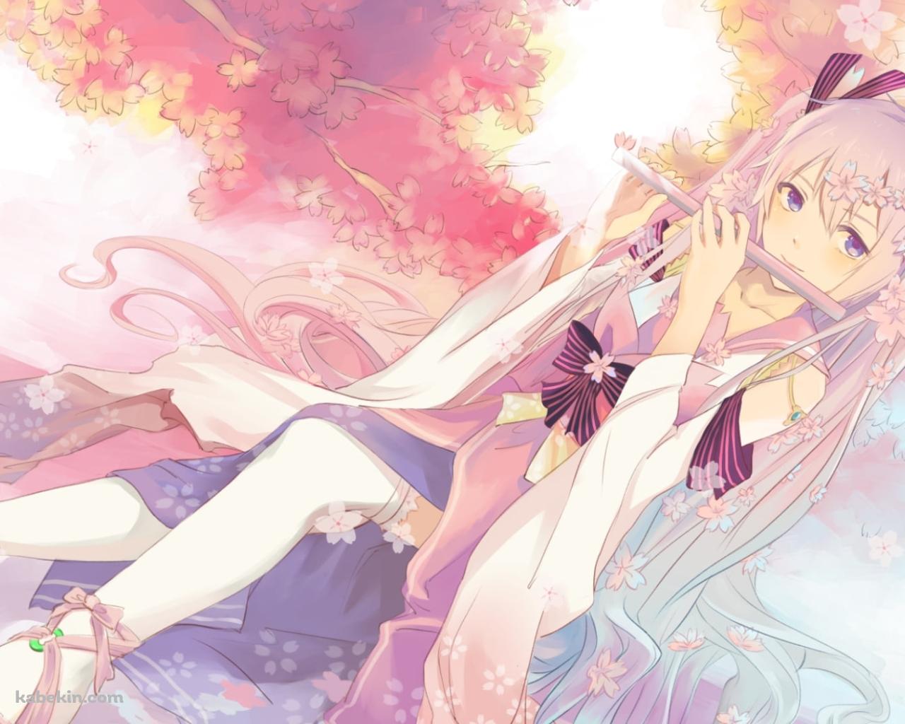 桜の前で腰かけて横笛を吹く桜ミク / ボカロの壁紙(1280px x 1024px) 高画質 PC・デスクトップ用