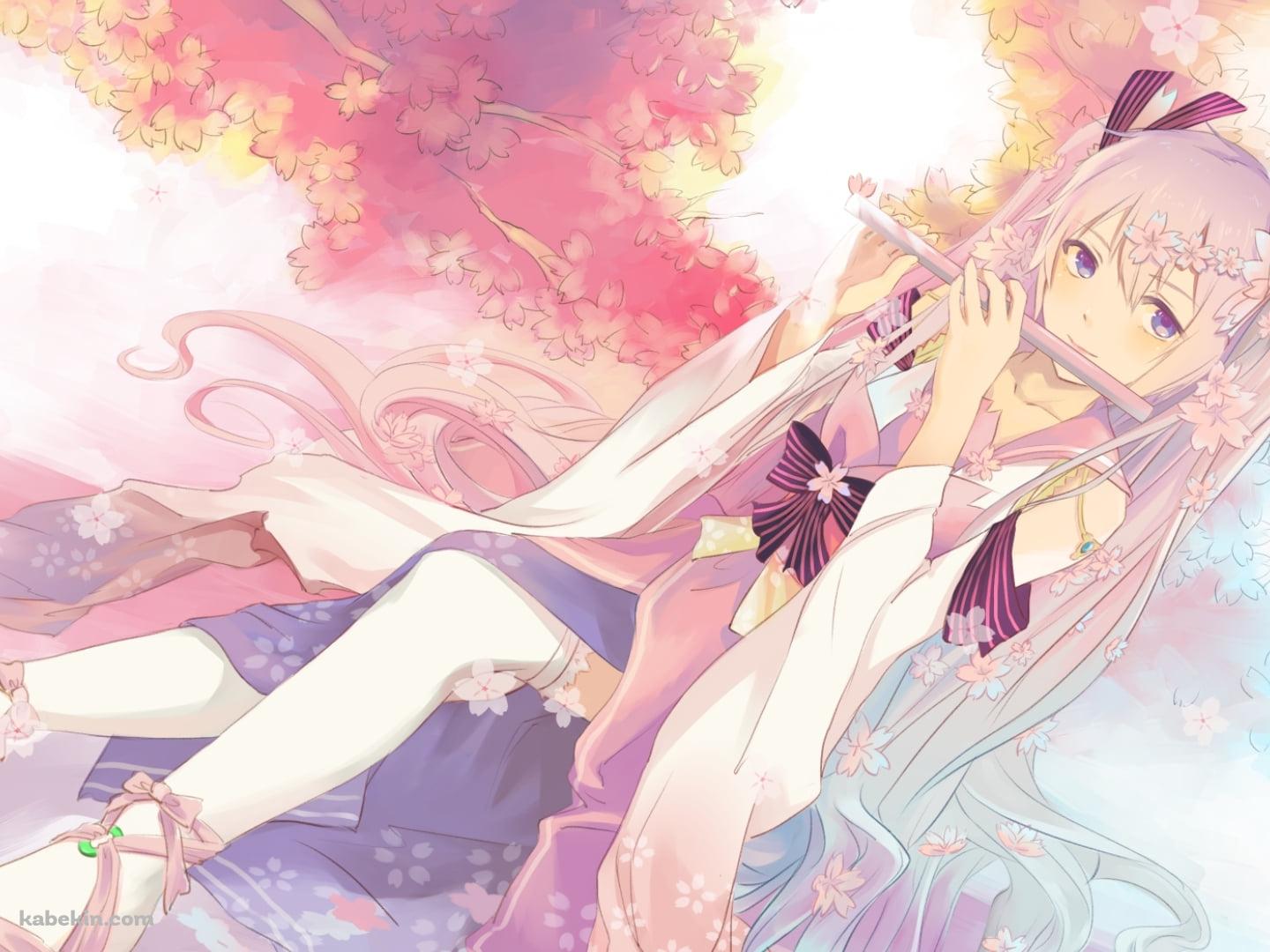 桜の前で腰かけて横笛を吹く桜ミク / ボカロの壁紙(1440px x 1080px) 高画質 PC・デスクトップ用