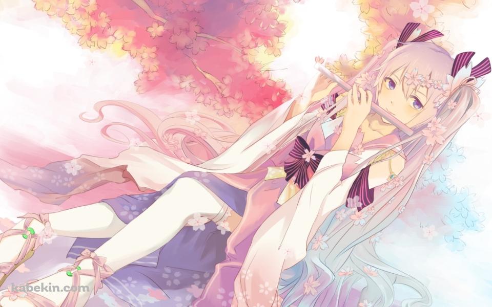 桜の前で腰かけて横笛を吹く桜ミク / ボカロの壁紙(960px x 600px) 高画質 PC・デスクトップ用