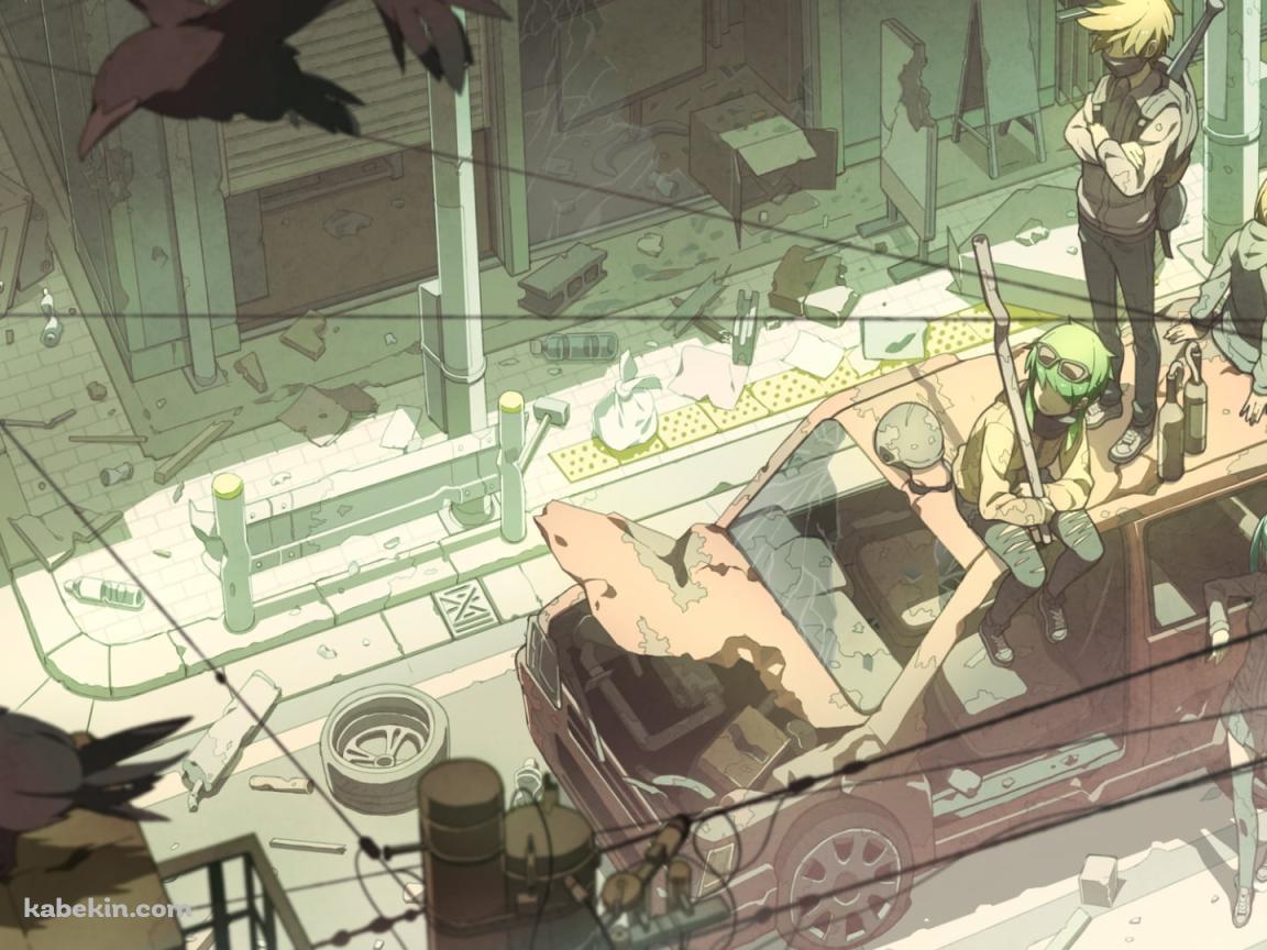 ボロボロの車と初音ミク・鏡音リン・鏡音レン・gumi  /  カラス / ボーカロイドの壁紙(1152px x 864px) 高画質 PC・デスクトップ用