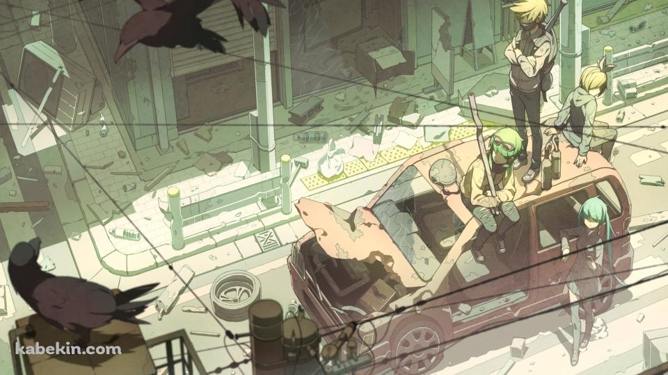 ボロボロの車と初音ミク・鏡音リン・鏡音レン・gumi  /  カラス / ボーカロイドの壁紙(960px x 540px) 高画質 PC・デスクトップ用
