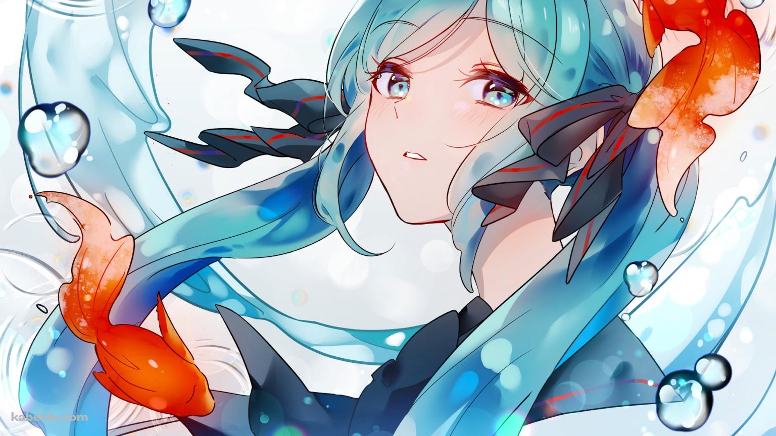 2匹の金魚と初音ミク / ボトルミク / ボーカロイドの壁紙(1536px x 864px) 高画質 PC・デスクトップ用
