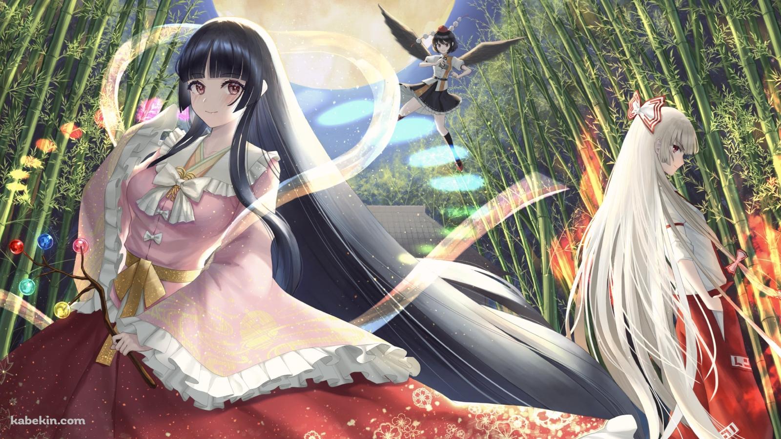 射命丸文・藤原妹紅・蓬莱山輝夜 / 満月 / 竹林 / 東方の壁紙(1600px x 900px) 高画質 PC・デスクトップ用