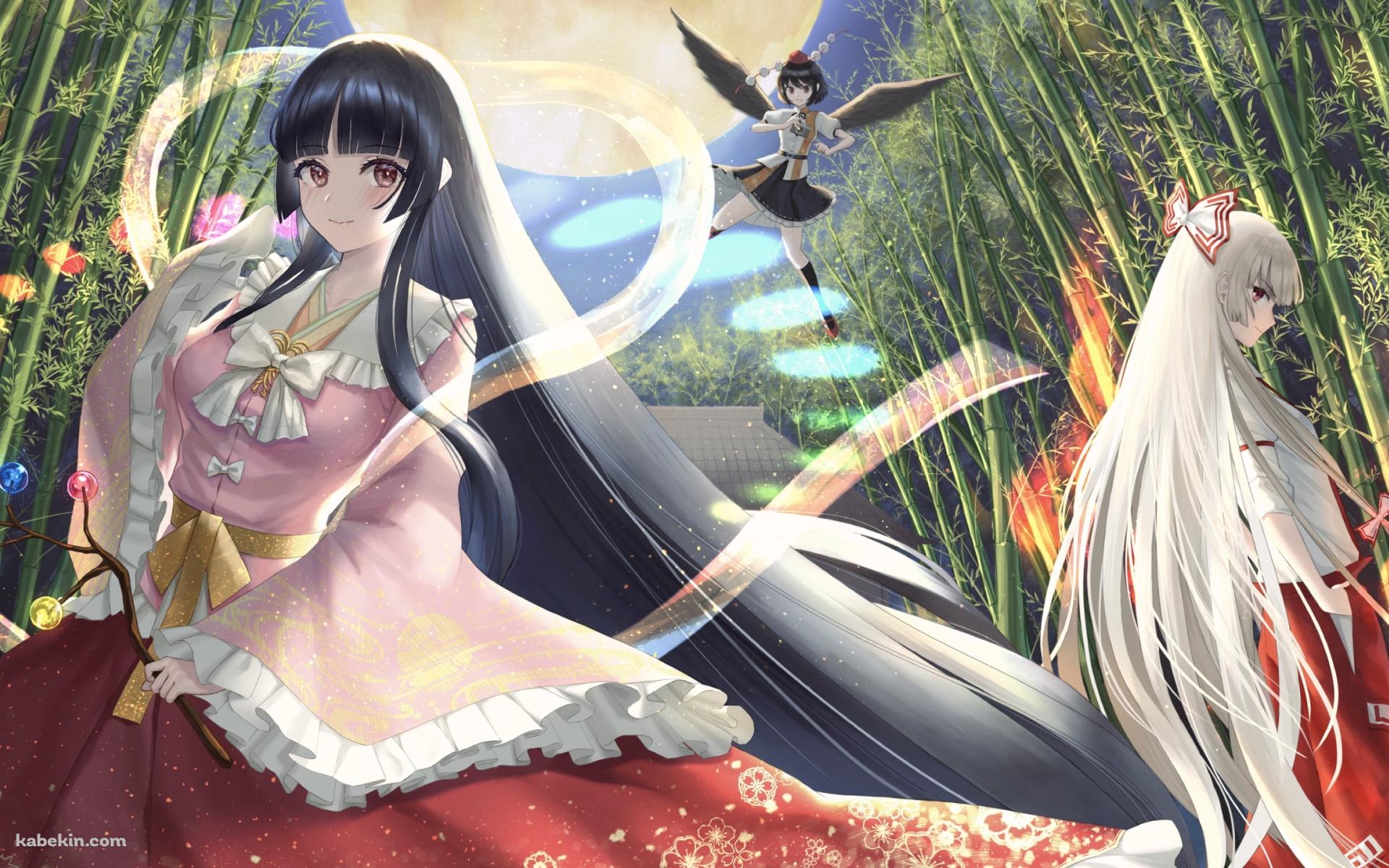 射命丸文・藤原妹紅・蓬莱山輝夜 / 満月 / 竹林 / 東方の壁紙(1920px x 1200px) 高画質 PC・デスクトップ用