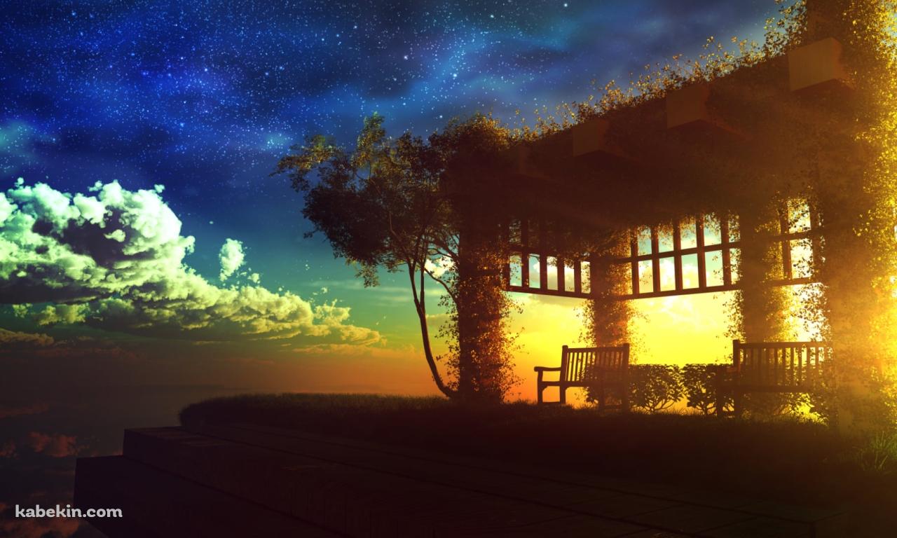 空・星に近い高台にあるベンチの壁紙(1280px x 768px) 高画質 PC・デスクトップ用