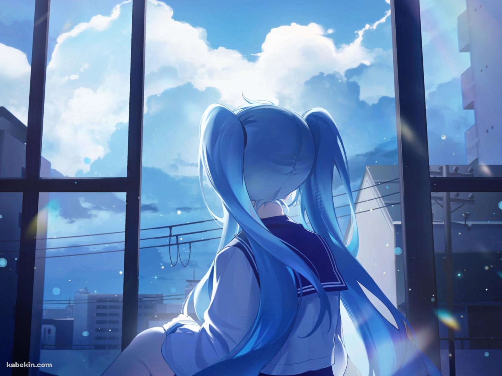 体育座りをして空を見つめる制服姿の初音ミク / ボーカロイドの壁紙(1680px x 1260px) 高画質 PC・デスクトップ用
