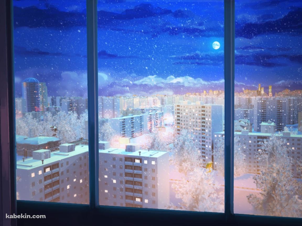 窓から見る雪景色 / 満月 / 団地 / 夜景 / Everlasting Summerの壁紙(1152px x 864px) 高画質 PC・デスクトップ用