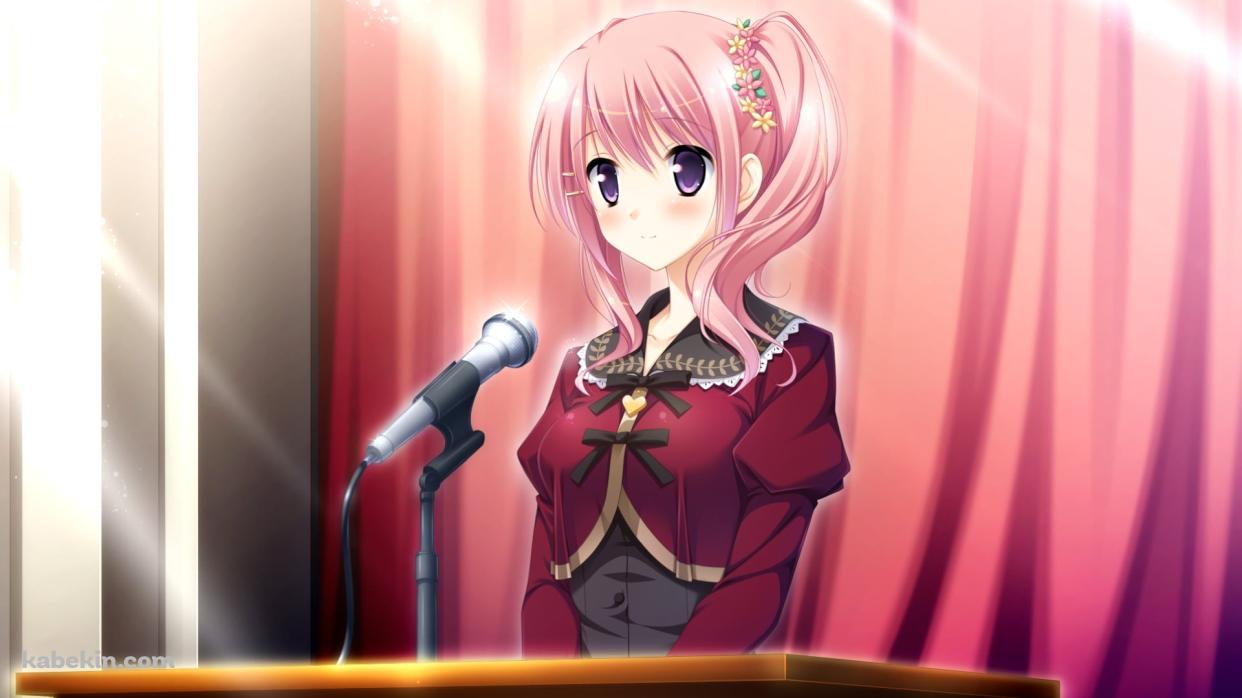 マイクで演説をする小峰まなみ / 桜舞う乙女のロンドの壁紙(1242px x 698px) 高画質 PC・デスクトップ用