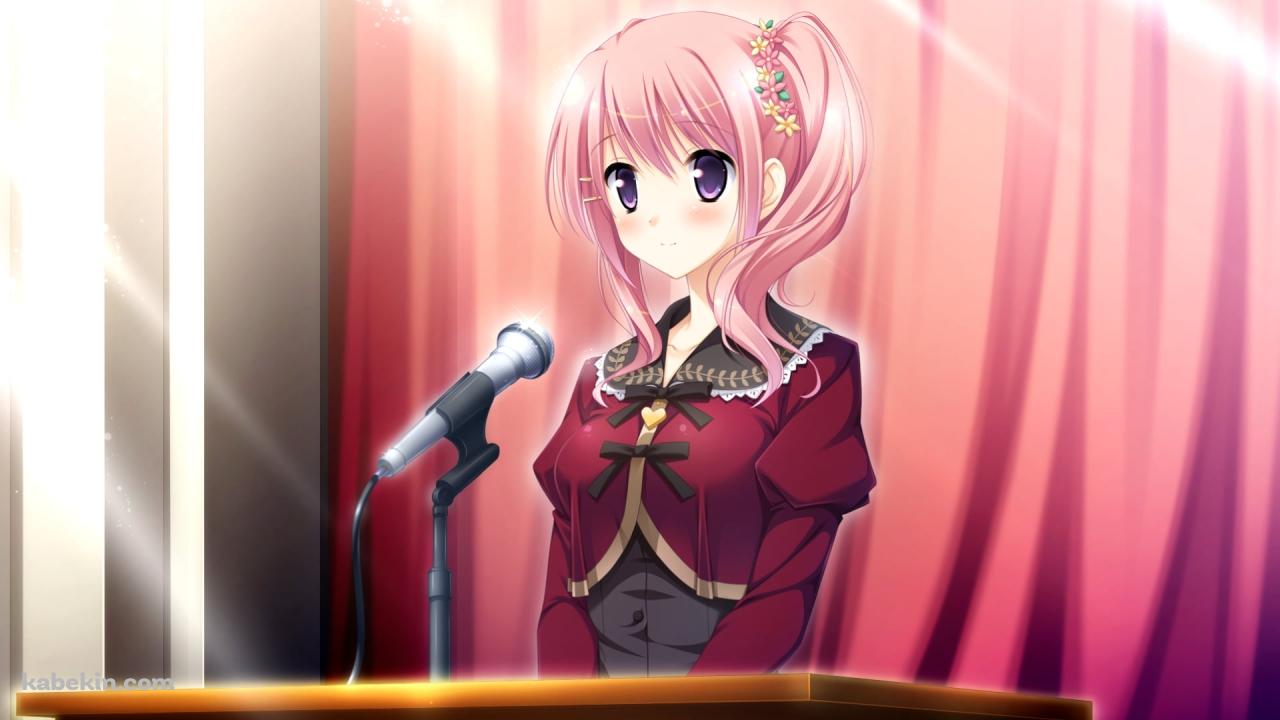 マイクで演説をする小峰まなみ / 桜舞う乙女のロンドの壁紙(1280px x 720px) 高画質 PC・デスクトップ用