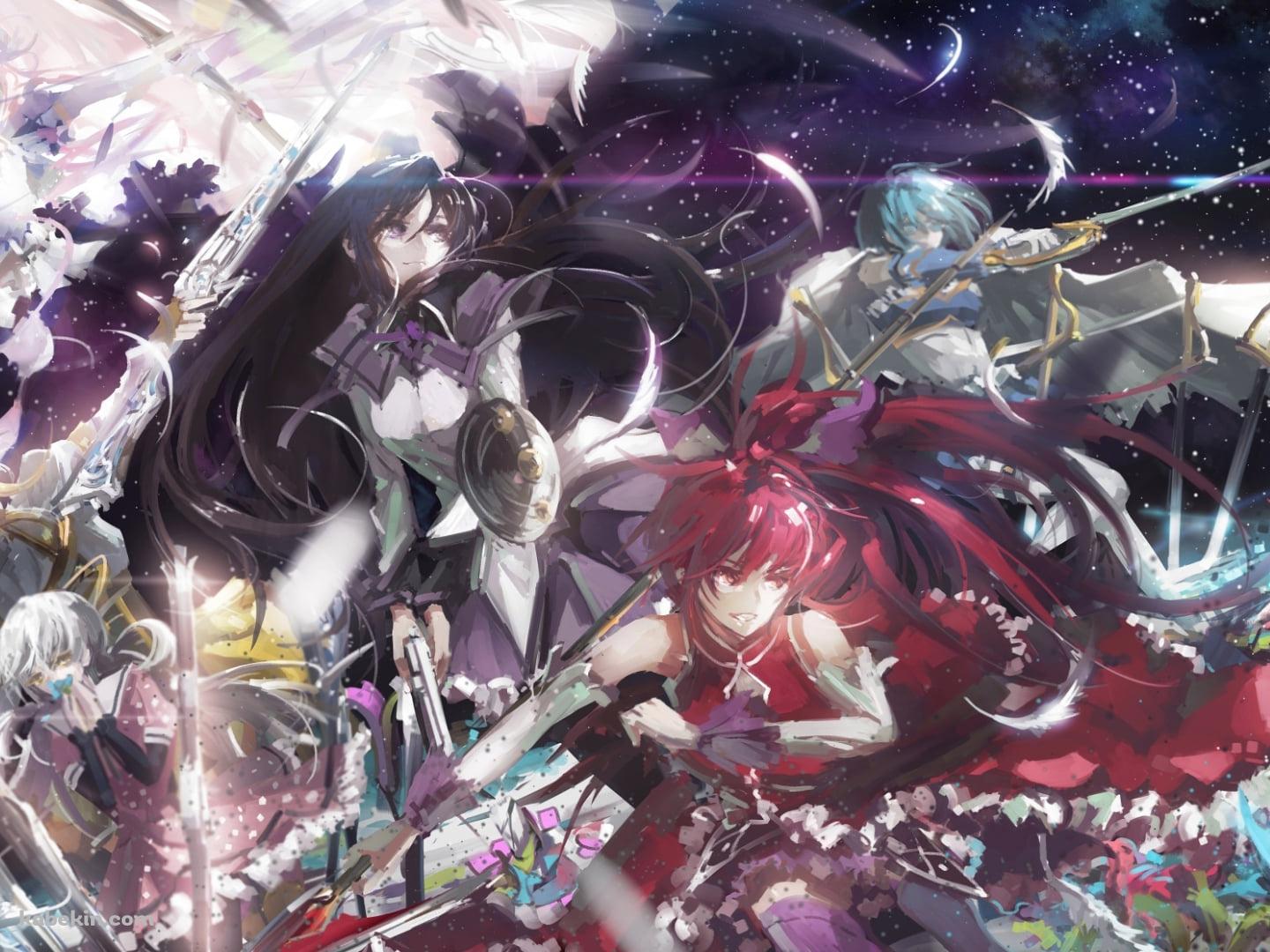 リアルなタッチで描かれた暁美ほむら、鹿目まどか、佐倉杏子、美樹さやか、巴マミ、百江なぎさ / 魔法少女まどか☆マギカの壁紙(1440px x 1080px) 高画質 PC・デスクトップ用