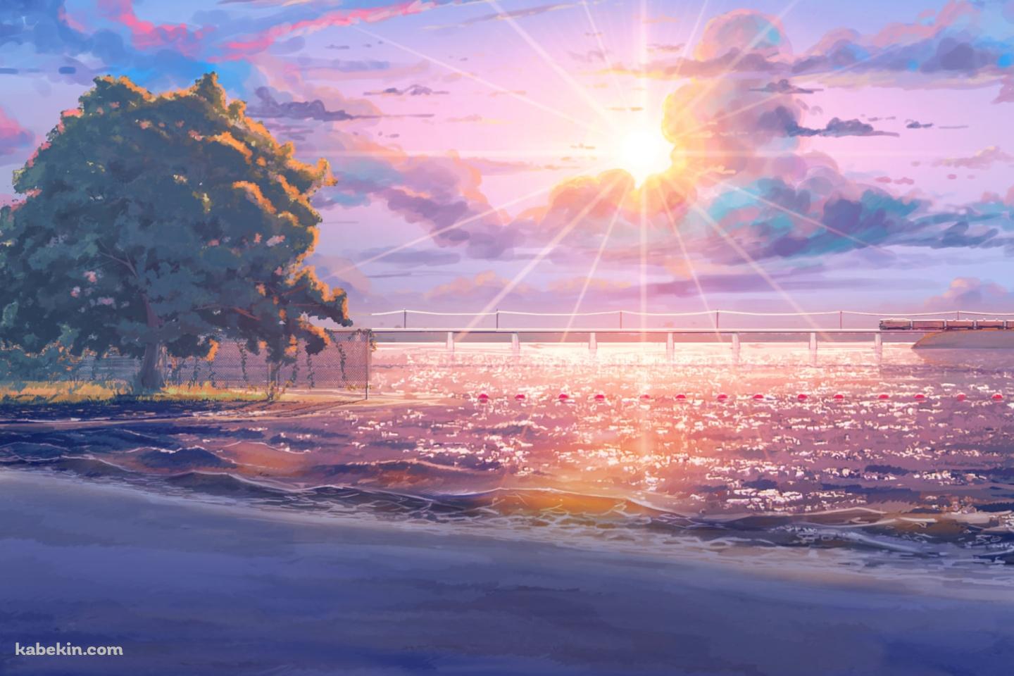 輝く太陽と海に架かる橋を通過する電車 / Everlasting Summerの壁紙(1440px x 960px) 高画質 PC・デスクトップ用