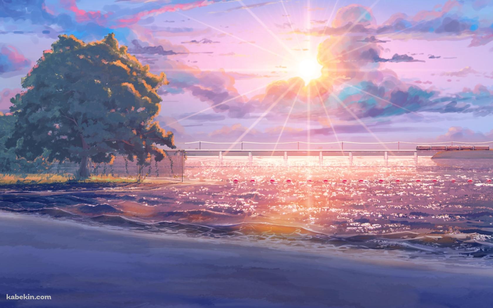 輝く太陽と海に架かる橋を通過する電車 / Everlasting Summerの壁紙(1680px x 1050px) 高画質 PC・デスクトップ用
