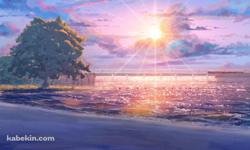輝く太陽と海に架かる橋を通過する電車 / Everlasting Summerの壁紙(800px x 480px) 高画質 PC・デスクトップ用