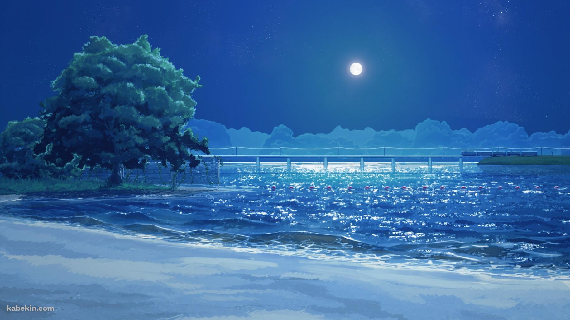 満月と海と電車 / Everlasting Summerの壁紙(1829px x 1029px) 高画質 PC・デスクトップ用