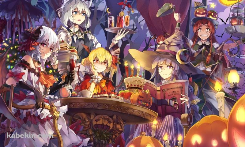ハロウィンパーティーをするフランドール・スカーレット、レミリア・スカーレット、十六夜咲夜、パチュリー・ノーレッジ、紅美鈴、小悪魔 / 東方の壁紙(800px x 480px) 高画質 PC・デスクトップ用