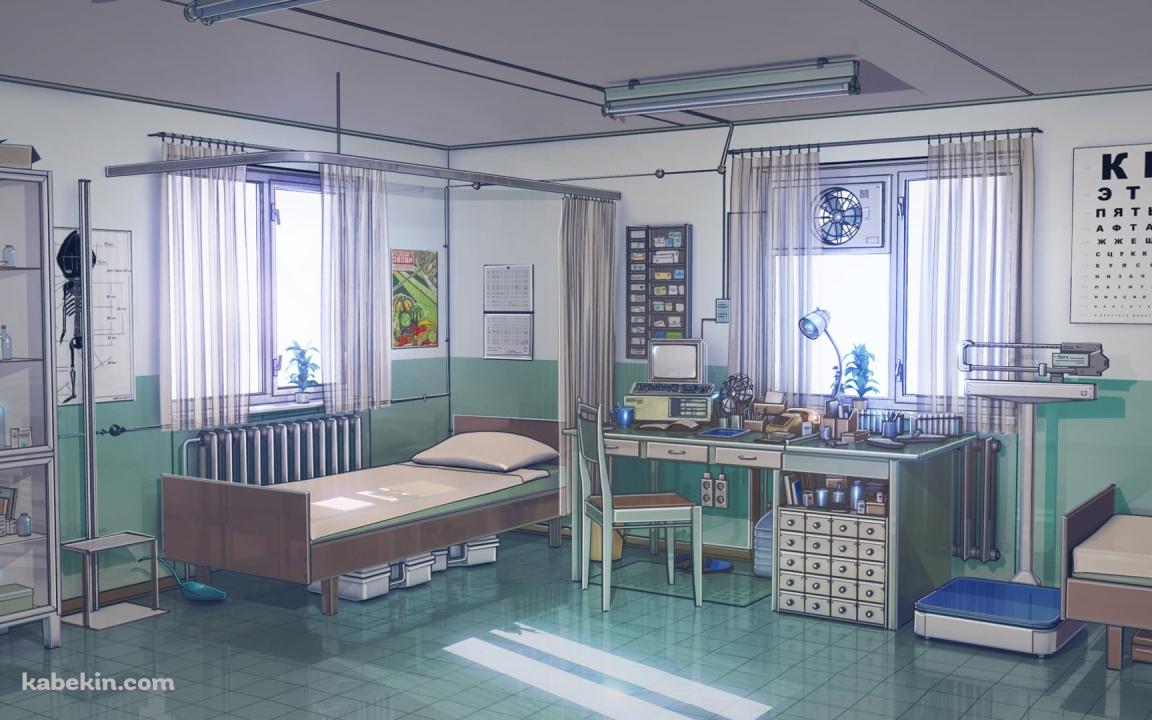 保健室 / 換気扇 / 体重計 / ベッド / 木漏れ日の壁紙(1152px x 720px) 高画質 PC・デスクトップ用