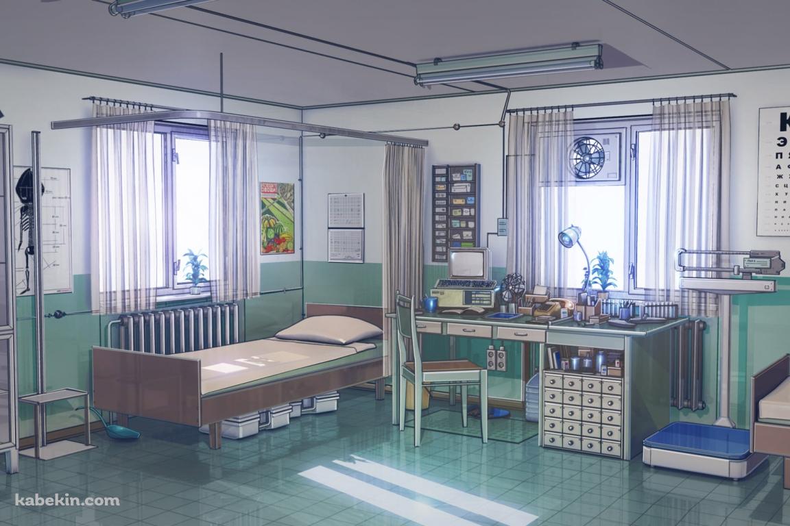 保健室 / 換気扇 / 体重計 / ベッド / 木漏れ日の壁紙(1152px x 768px) 高画質 PC・デスクトップ用