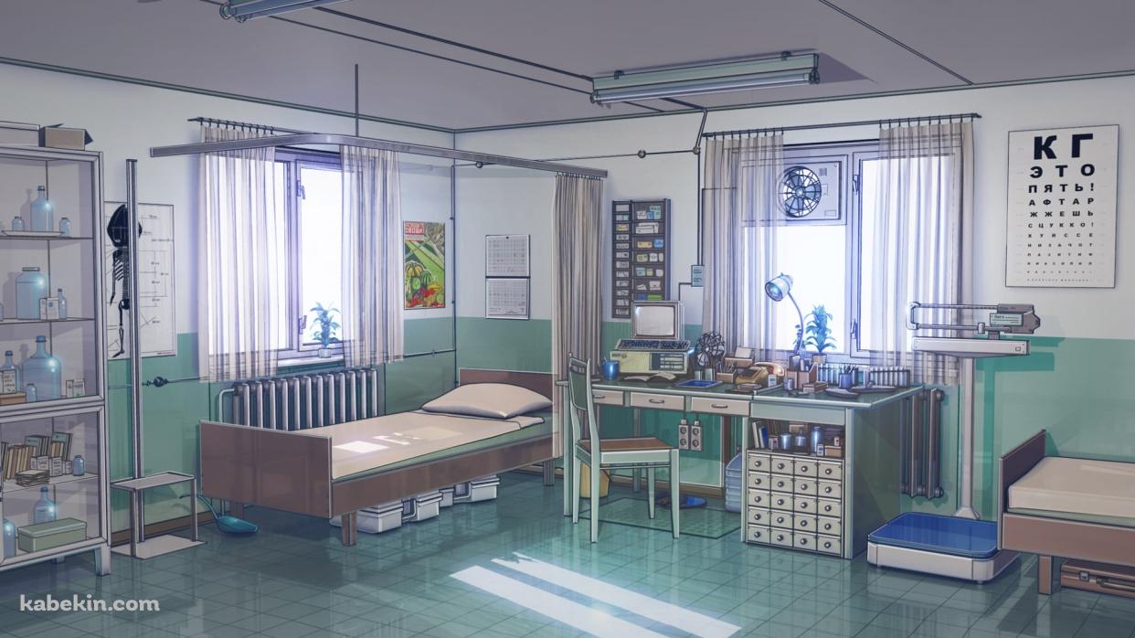 保健室 / 換気扇 / 体重計 / ベッド / 木漏れ日の壁紙(1242px x 698px) 高画質 PC・デスクトップ用