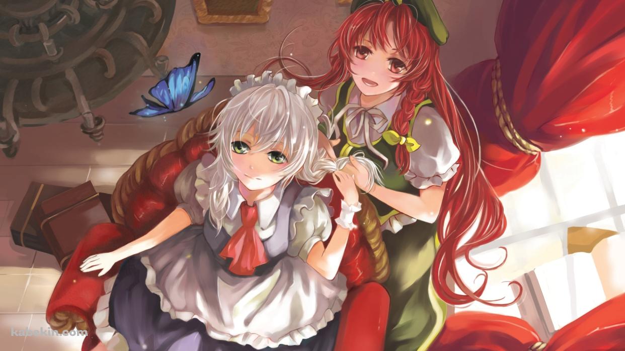上を見上げる十六夜咲夜と紅美鈴 / 東方の壁紙(1242px x 698px) 高画質 PC・デスクトップ用