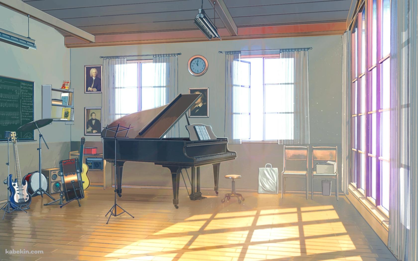 音楽室 / グランドピアノ / 青いギター / 黒板 / ドラムの壁紙(1680px x 1050px) 高画質 PC・デスクトップ用