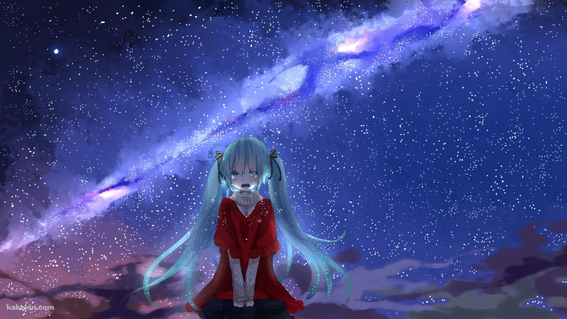 綺麗な星空と泣く初音ミク / ボーカロイドの壁紙(1829px x 1029px) 高画質 PC・デスクトップ用