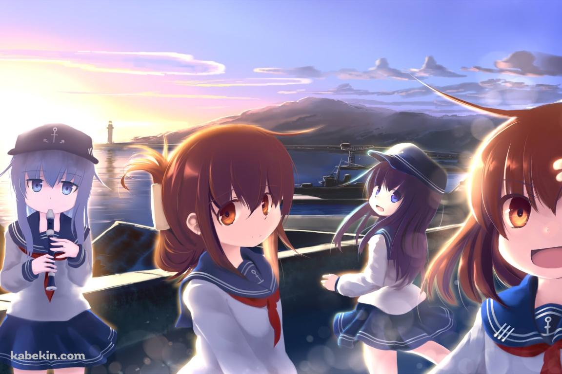 海沿いで佇む響、暁、電、雷 / 艦隊これくしょんの壁紙(1152px x 768px) 高画質 PC・デスクトップ用