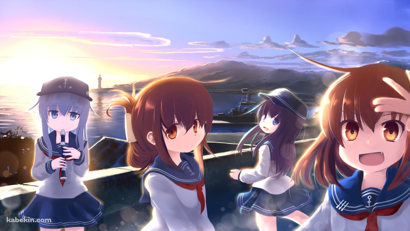 海沿いで佇む響、暁、電、雷 / 艦隊これくしょんの壁紙(1391px x 783px) 高画質 PC・デスクトップ用