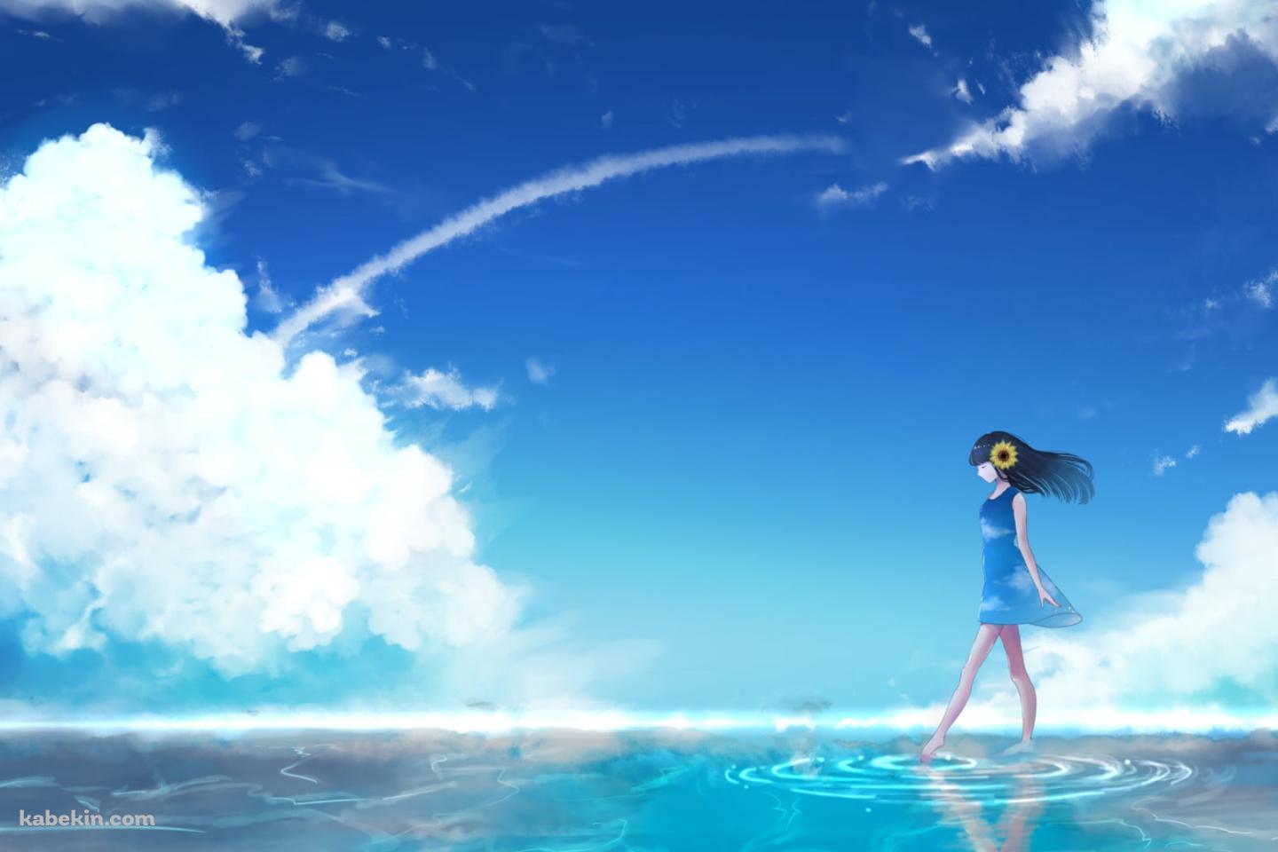 湖の上を歩く青いワンピースを着た女の子 / 青空の壁紙(1440px x 960px) 高画質 PC・デスクトップ用