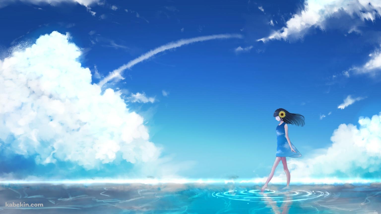 湖の上を歩く青いワンピースを着た女の子 / 青空の壁紙(1536px x 864px) 高画質 PC・デスクトップ用