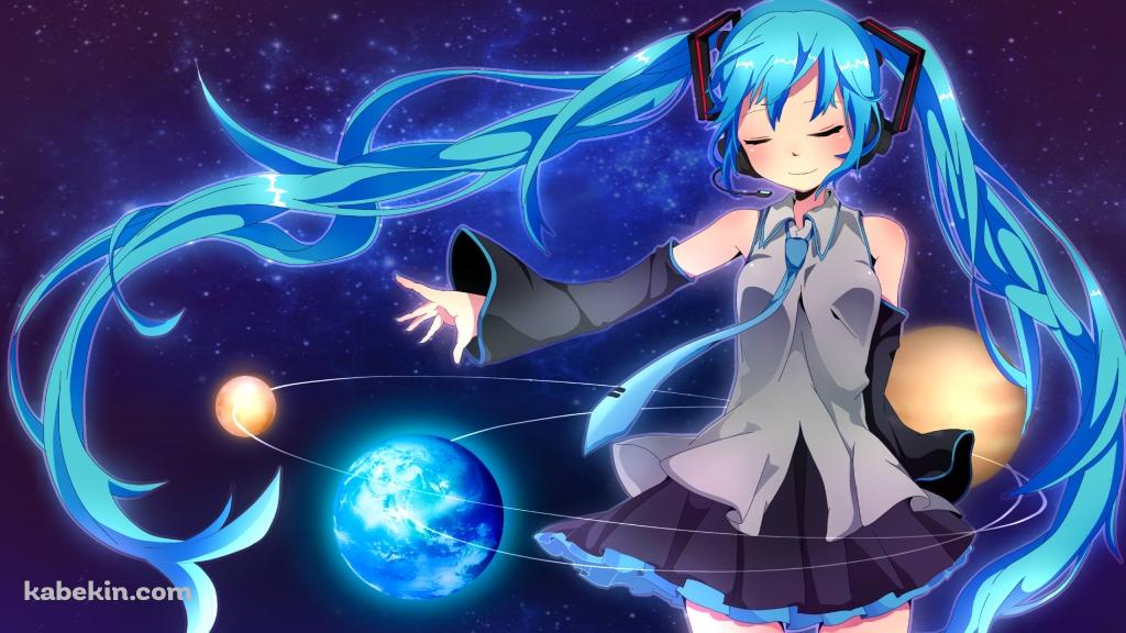 宇宙と連なる惑星と初音ミクの壁紙(1024px x 576px) 高画質 PC・デスクトップ用