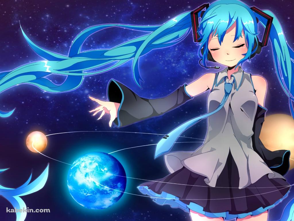 宇宙と連なる惑星と初音ミクの壁紙(1024px x 768px) 高画質 PC・デスクトップ用