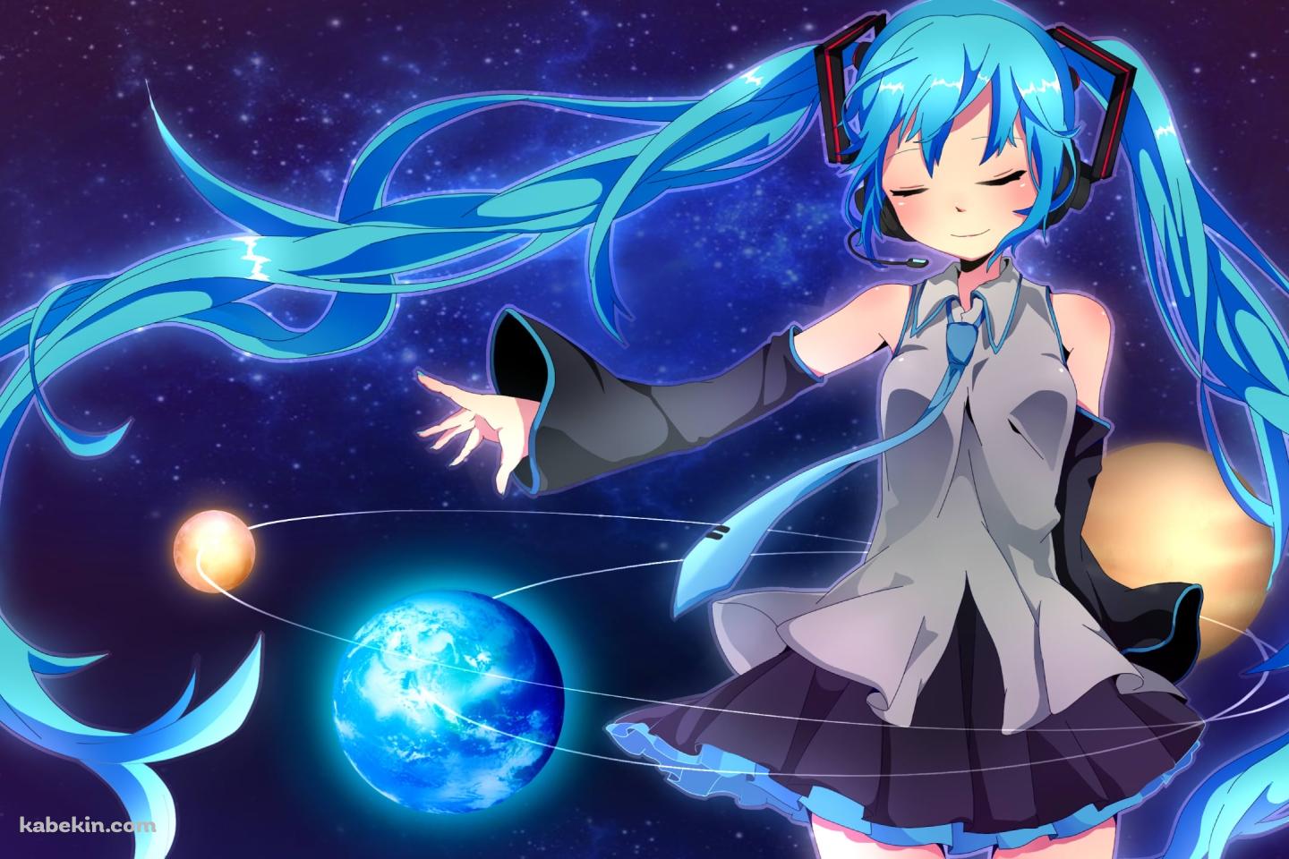宇宙と連なる惑星と初音ミクの壁紙(1440px x 960px) 高画質 PC・デスクトップ用