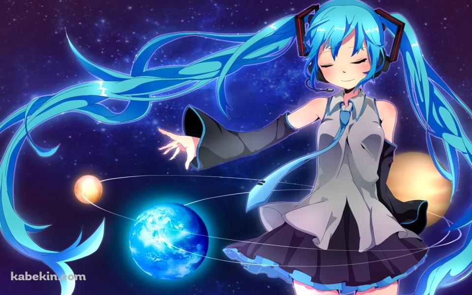 宇宙と連なる惑星と初音ミクの壁紙(960px x 600px) 高画質 PC・デスクトップ用