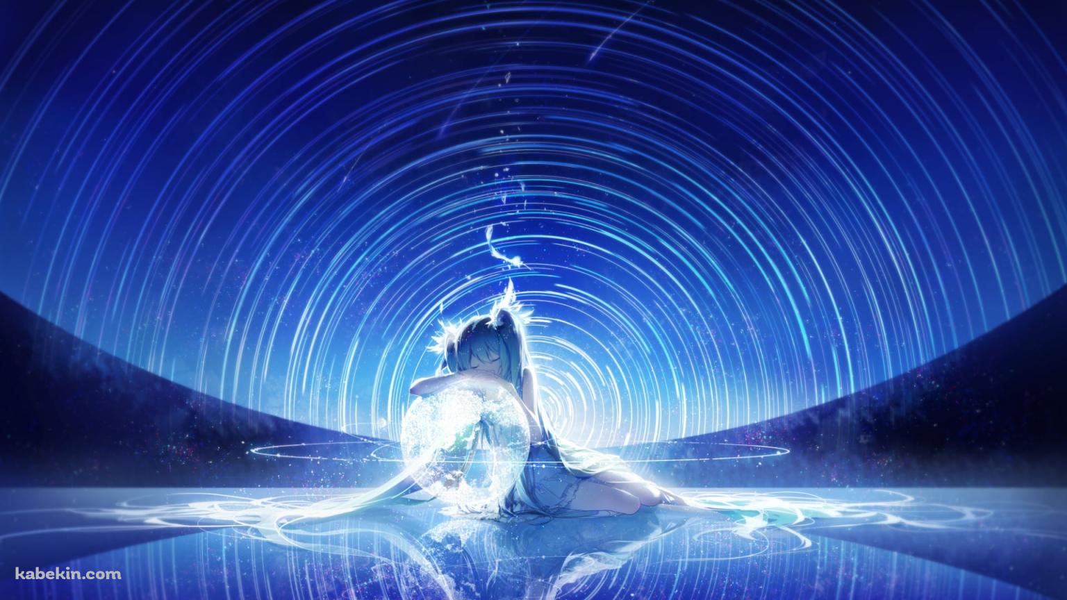 湖の上で透明の地球儀を抱える初音ミク / 巡る星の壁紙(1536px x 864px) 高画質 PC・デスクトップ用