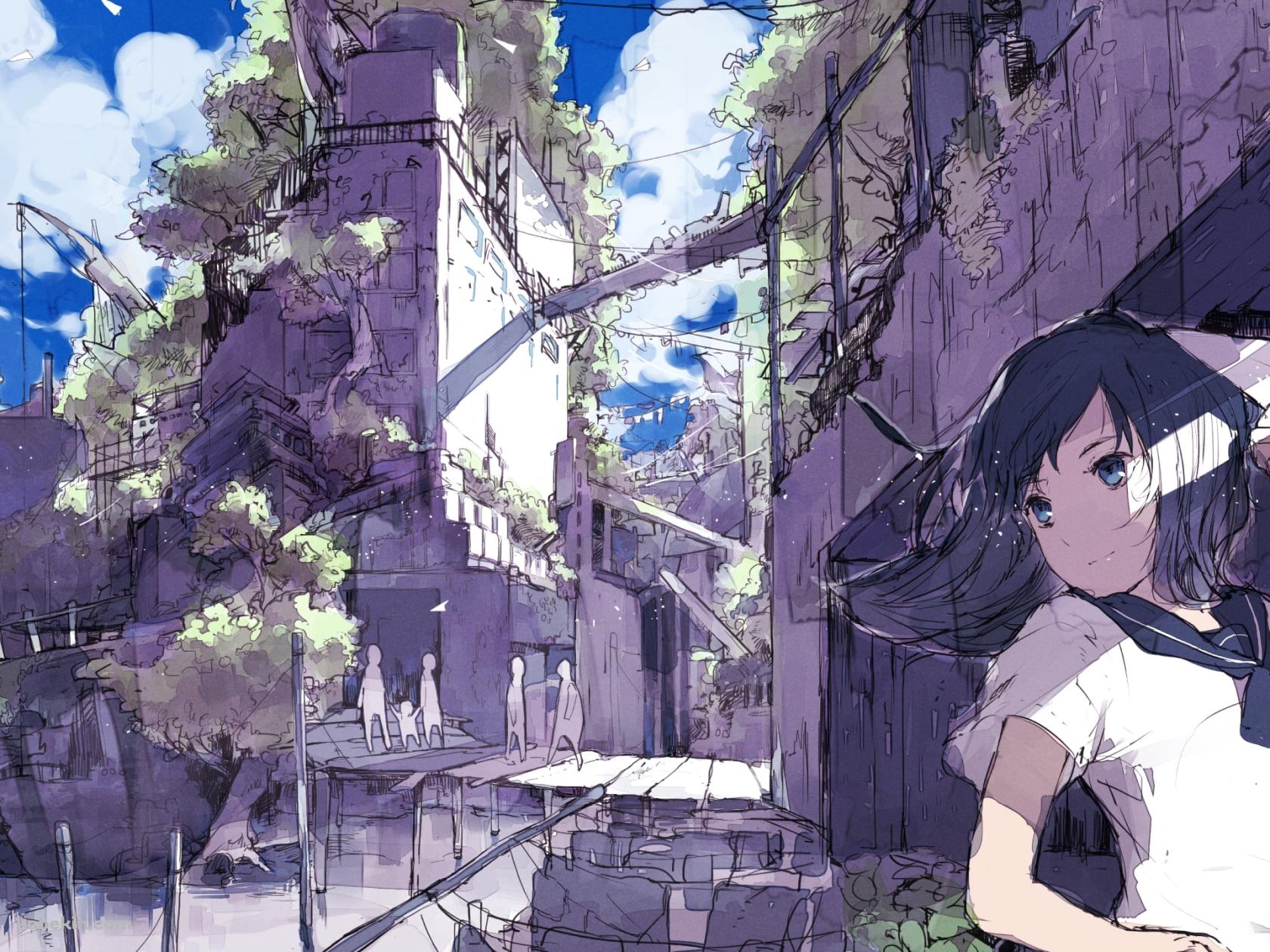 紙飛行機を飛ばすセーラー服を着た少女の壁紙(1680px x 1260px) 高画質 PC・デスクトップ用