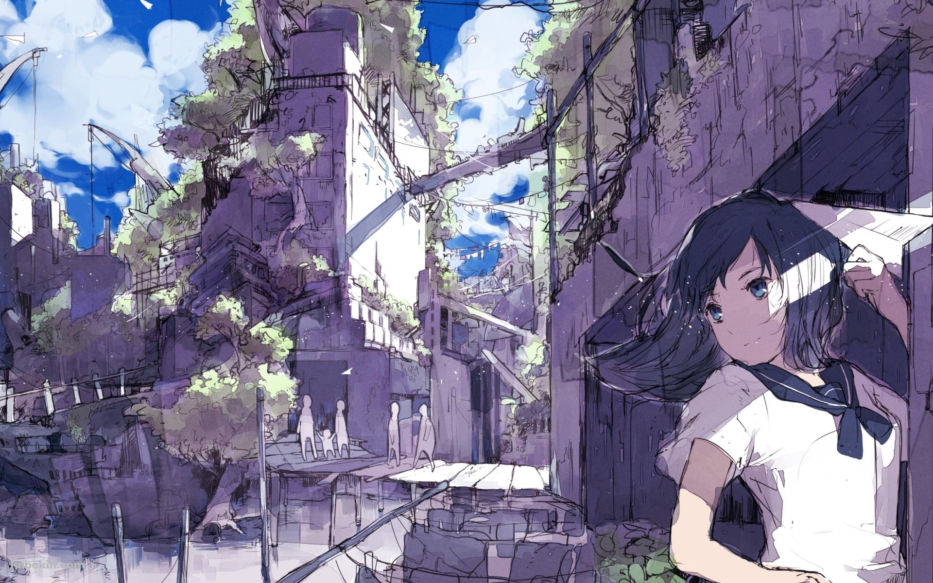 紙飛行機を飛ばすセーラー服を着た少女の壁紙(1920px x 1200px) 高画質 PC・デスクトップ用