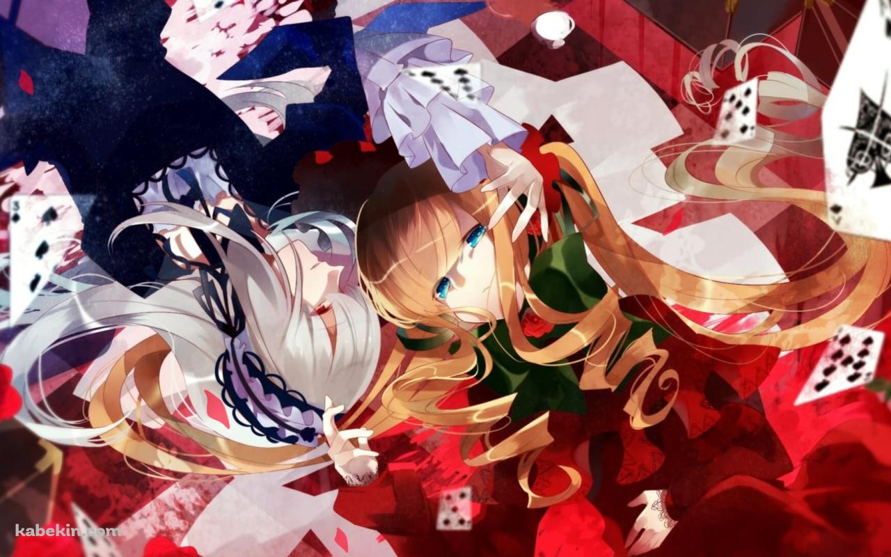 寄り添って寝る水銀燈 / 真紅 / 赤い薔薇 / トランプ / ローゼンメイデンの壁紙(1280px x 800px) 高画質 PC・デスクトップ用