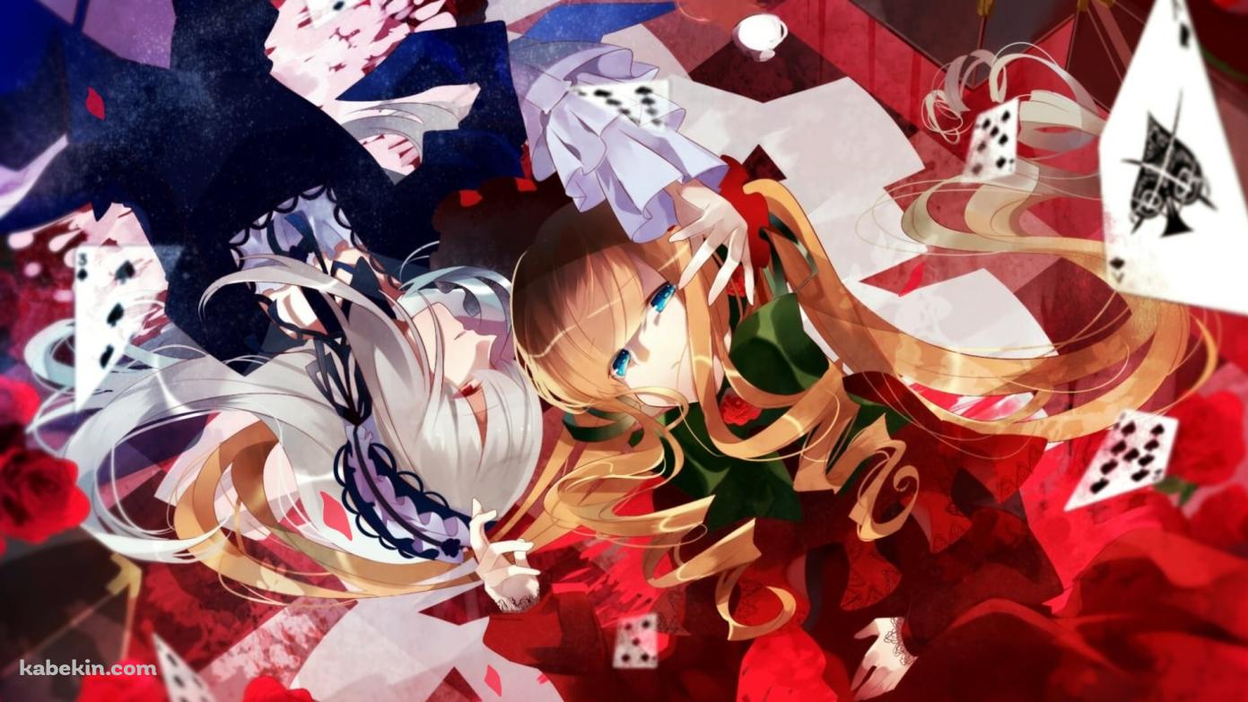 寄り添って寝る水銀燈 / 真紅 / 赤い薔薇 / トランプ / ローゼンメイデンの壁紙(1391px x 783px) 高画質 PC・デスクトップ用