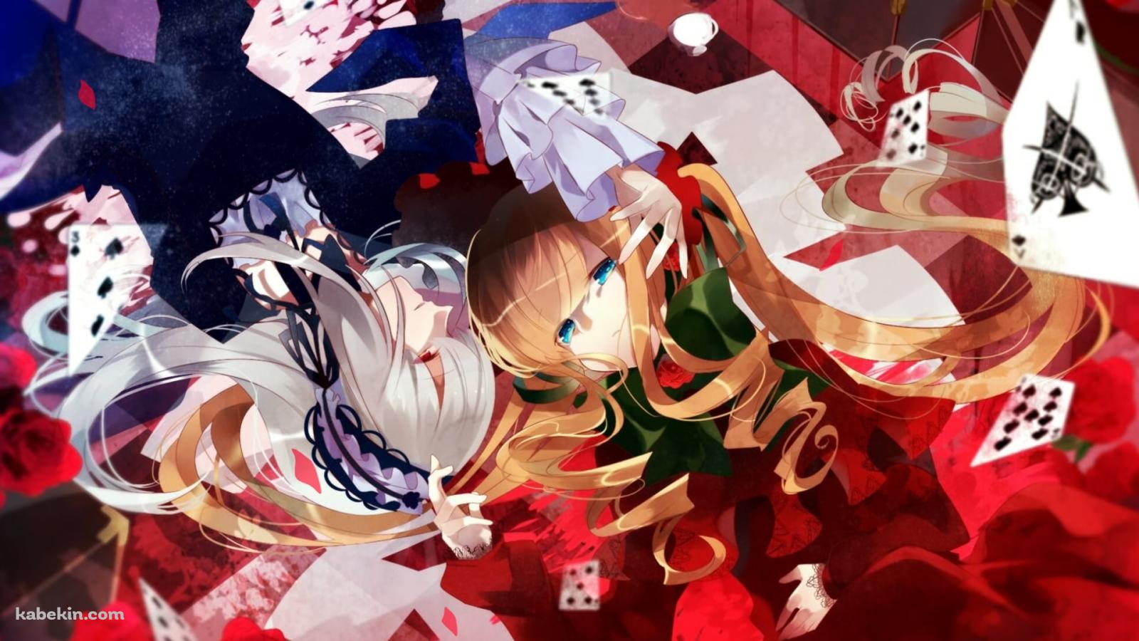 寄り添って寝る水銀燈 / 真紅 / 赤い薔薇 / トランプ / ローゼンメイデンの壁紙(1600px x 900px) 高画質 PC・デスクトップ用