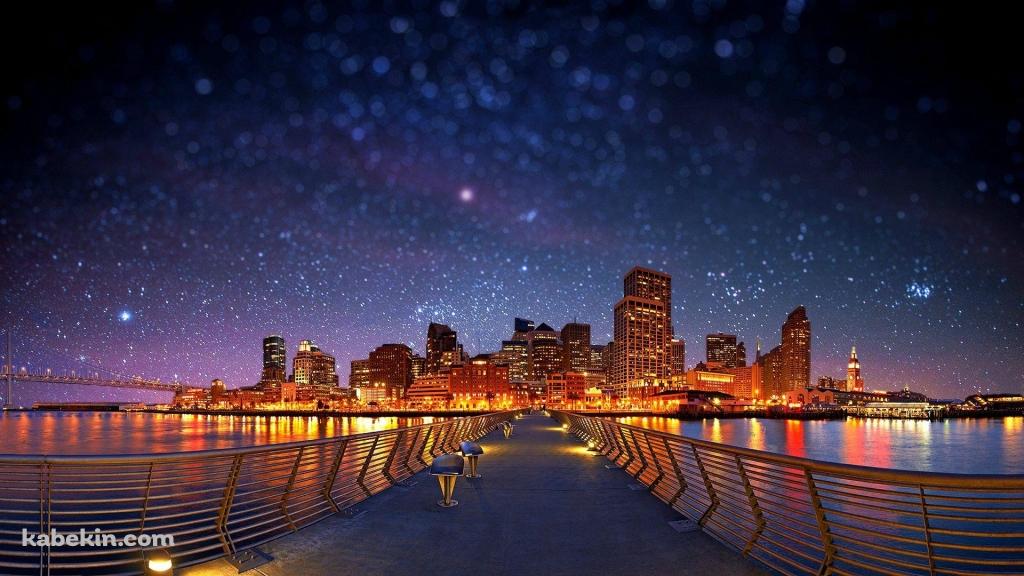 夜の都市につながる橋 / 星空 / 絶景の壁紙(1024px x 576px) 高画質 PC・デスクトップ用