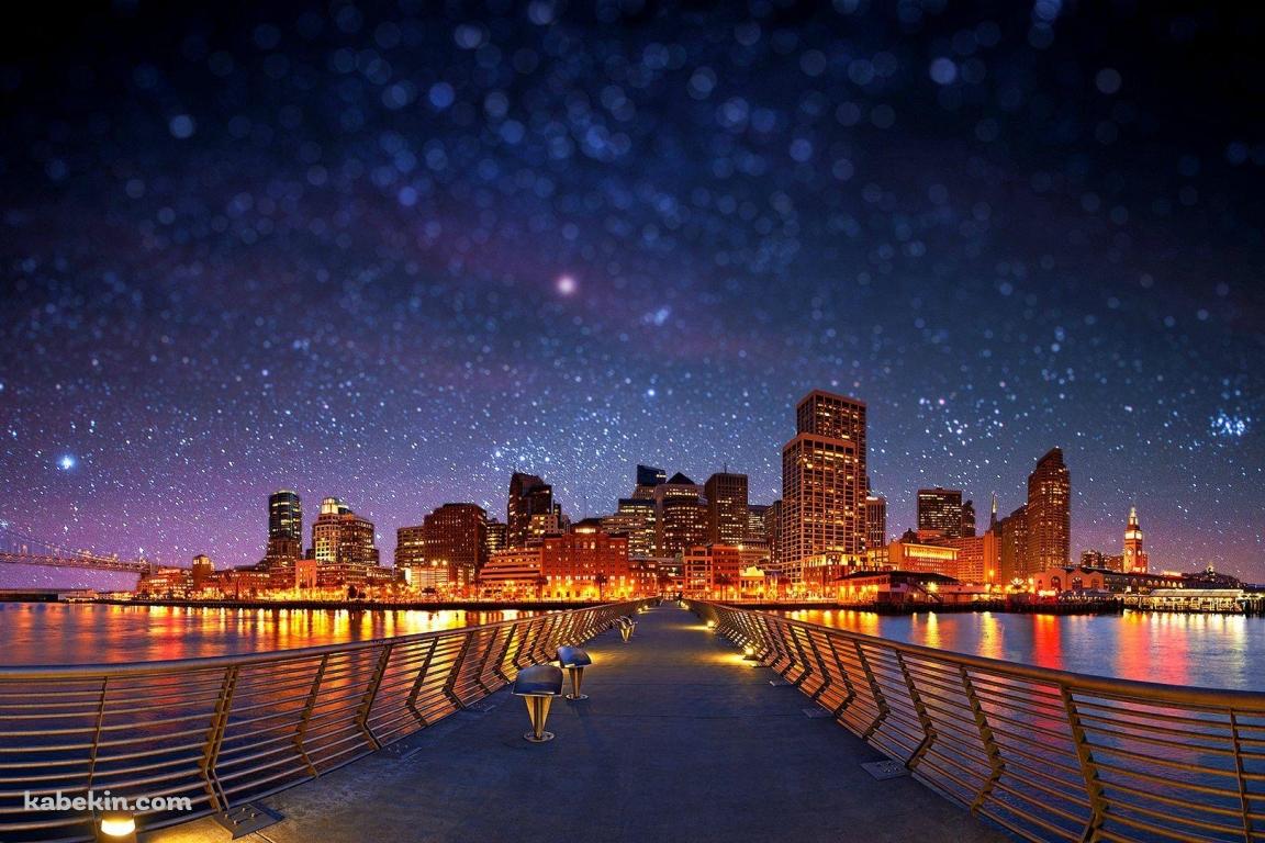 夜の都市につながる橋 / 星空 / 絶景の壁紙(1152px x 768px) 高画質 PC・デスクトップ用